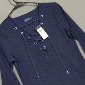 Polo Ralph Lauren Shift Dress Womens M Navy Blue Ribbed Lace Up Long Sleeve NWT